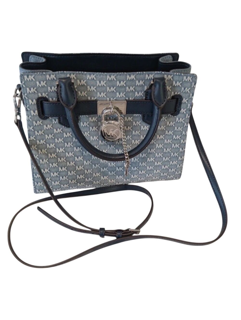 MK61. Michael Kors Hamilton Small Logo Embossed Washed Denim Satchel,